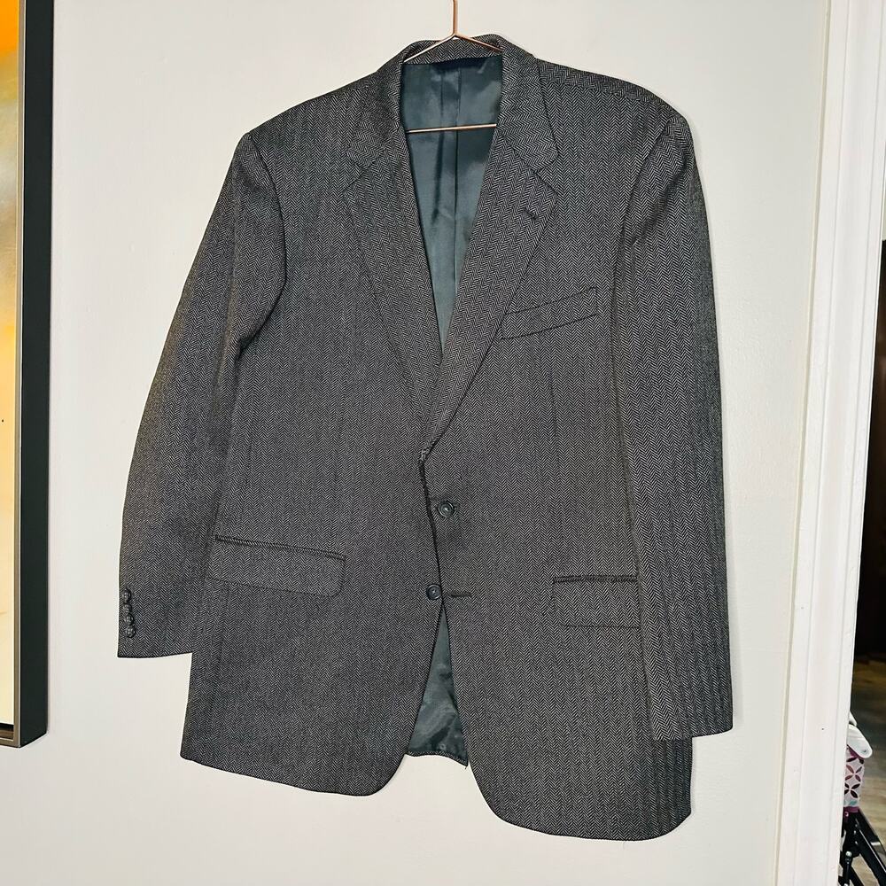BURBERRY London Mens Gray Herringbone 44 Long Wool Silk Blend Blazer Size 44